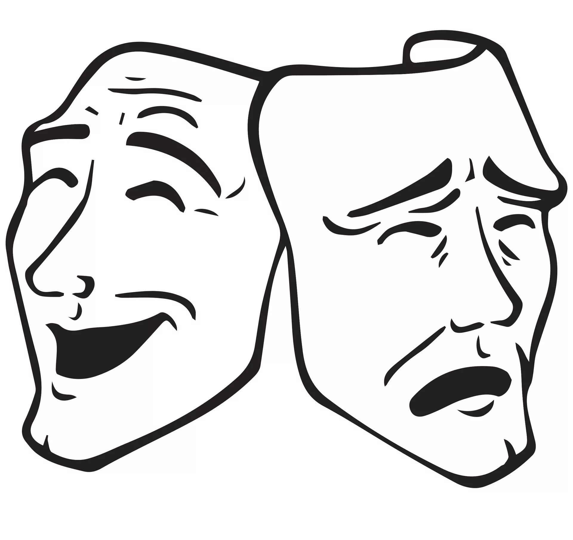 Картинка веселого лица. Театральные маски комедия и трагедия. Театральные маски черно белые. Театральные маски грустная и веселая. Маски эмоции.