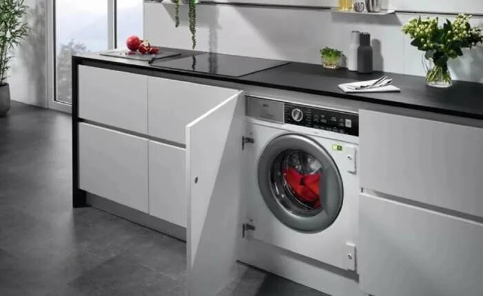 Доступная техника. AEG l8fbe48sri. Стиральная машина на кухне за фасадом. Интегрируем стиральную машину на кухне. Integrated Washer Dryer.