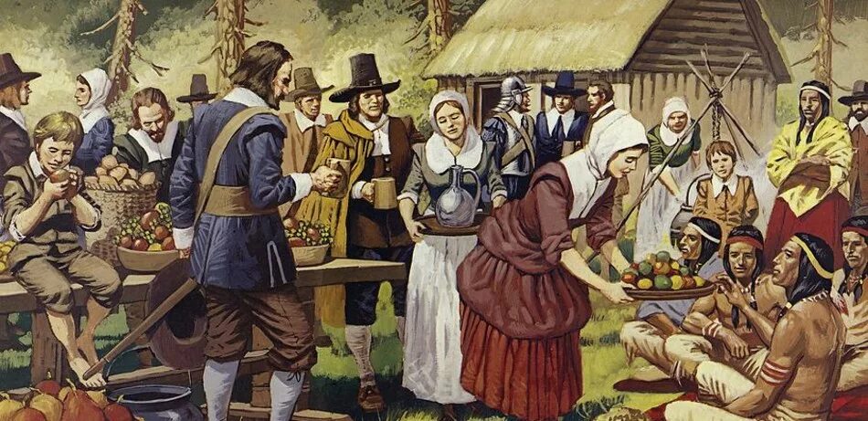 Первые пилигримы. День Благодарения 1621. День Благодарения в США история. Пилигримы и индейцы. Первые поселенцы США.