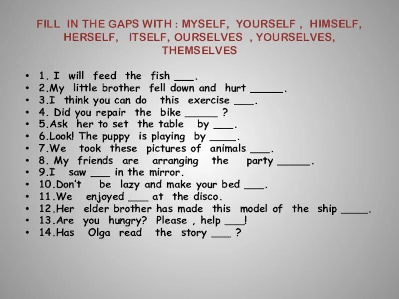 Myself yourself himself упражнения. Упражнения на myself himself herself. Myself yourself himself herself itself ourselves yourselves themselves правило. Yourself himself ourselves. Themselves myself himself herself yourselves