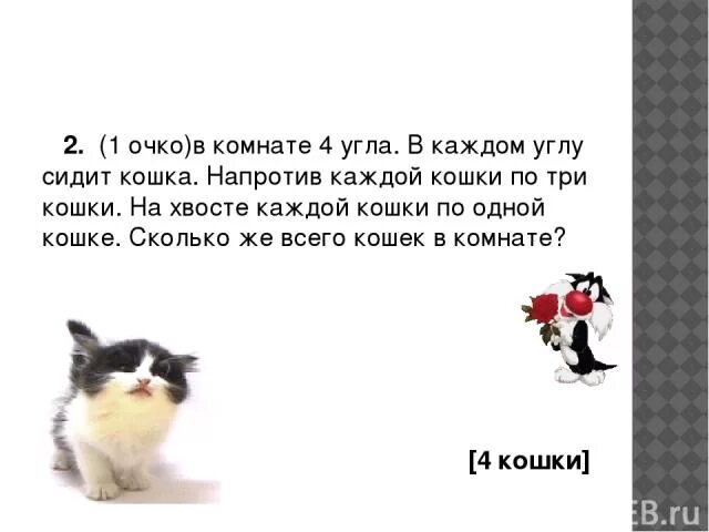 Загадка в каждом углу по одной кошке. В каждом углу сидит по кошке. Сидят 3 кошки против каждой кошки 2 кошки. Одна кошка две кошки трикошки.