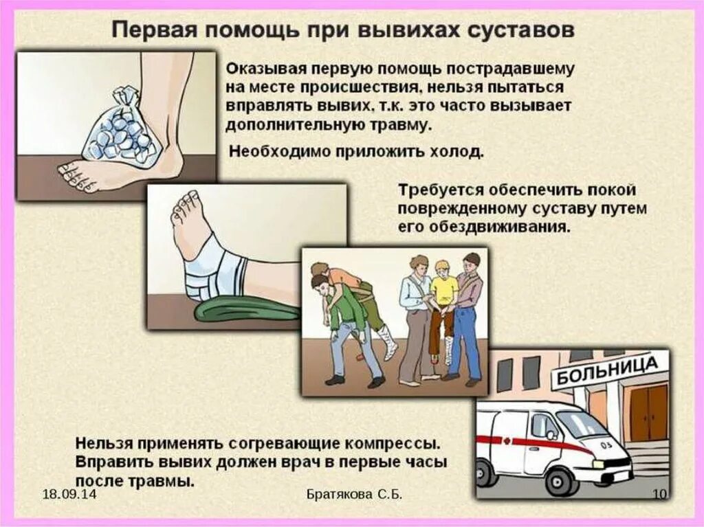 Сообщение на тему первая помощь при вывихе. Алгоритм оказания первой медицинской помощи при вывихах суставов. последовательность действий при оказании первой помощи при вывихах. пмп при вывихе конечности. алгоритм оказания первой помощи при вывихах и переломах.