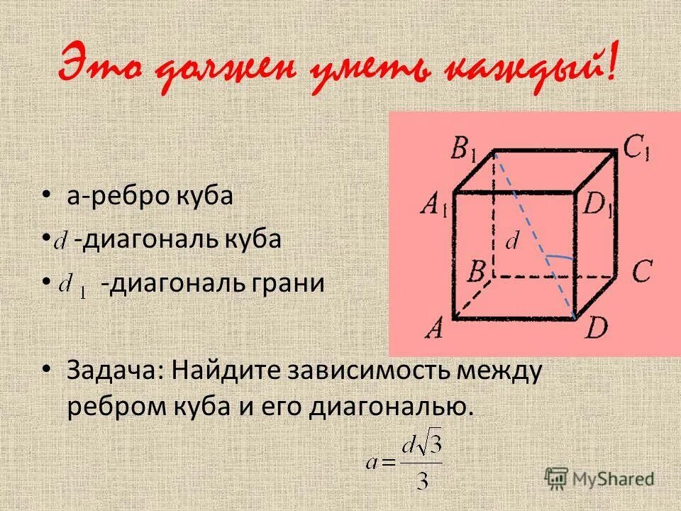 Найдите диагональ куба с ребром 2