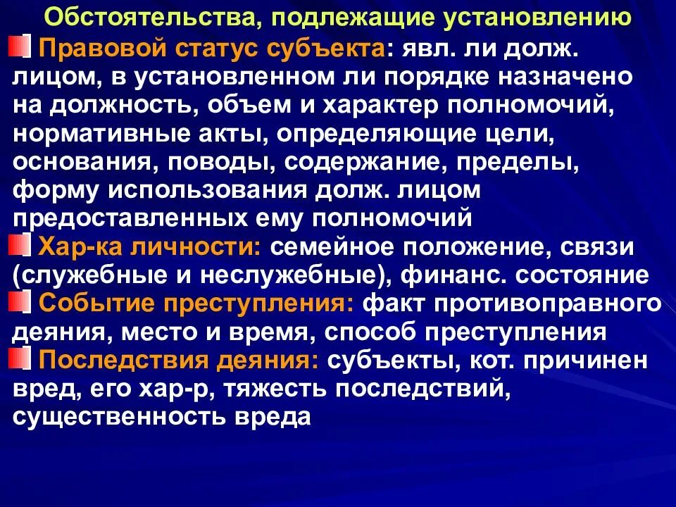 Круг обстоятельств подлежащих установлению. Обстоятельства подлежащие установлению личности. Характер полномочий.