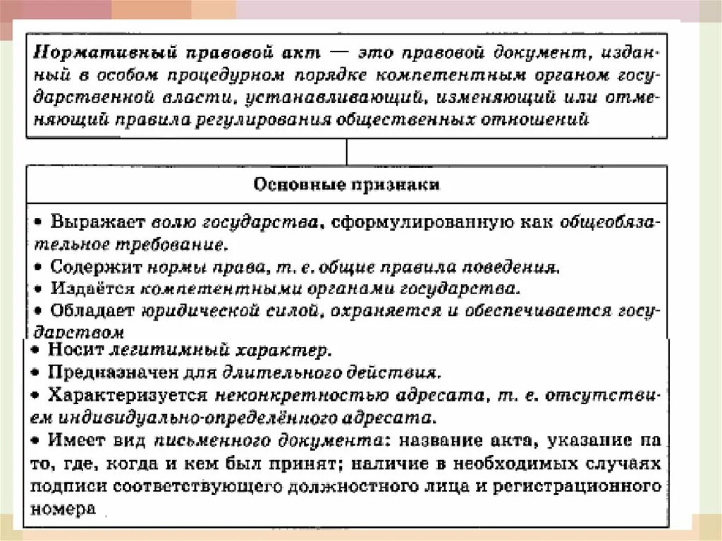 Издается компетентными органами государства. Признаки нормативно-правового акта. Нормативно правовой акт характеризуется неконкретностью адресата. Не имеют конкретного адресата.