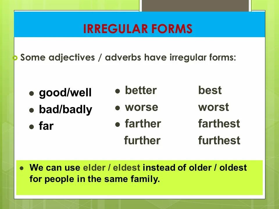 Irregular forms of adverbs adverbs. Irregular adverbs - good, Bad. Bad adverb form. Irregular forms. Form adverbs from the adjectives