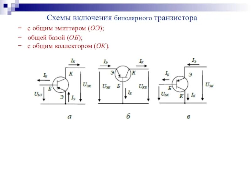 Общая база коллекторов. Схемы включения биполярных транзисторов. Схема включения биполярного транзистора с общим эмиттером. Схема с общей базой биполярного транзистора. Схема включения биполярного транзистора с общим коллектором.