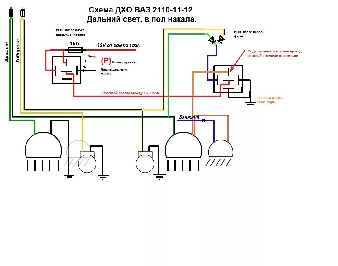 Дхо в пол накала. Реле ближнего света фар 2110. Схема Ближний и Дальний свет ВАЗ 2110. Схема подключения ближнего света фар ВАЗ 2110. 2110 Дальний свет схема.