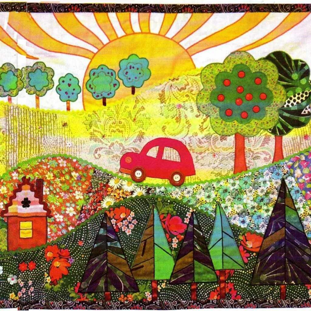 Лоскутная аппликация. Рисунок из лоскутков ткани. Лоскутная мозаика из ткани. Мозаика из кусочков ткани. Лоскутная техника боро домики.