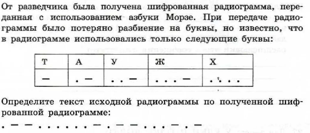 При передаче радиограммы было потеряно разбиение на буквы. От разведчика была получена радиограмма. От разведчика была получена шифрованная радиограмма переданная. От разведчика была.