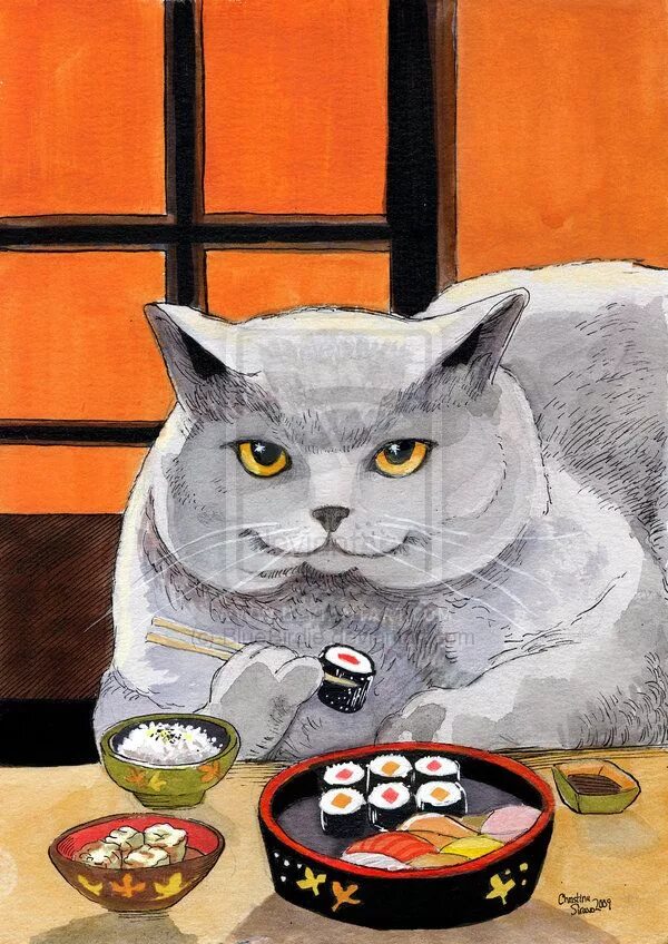 Кот рисунок есть. Котики и роллы. кот завтракает. кот ест роллы. суши кот.
