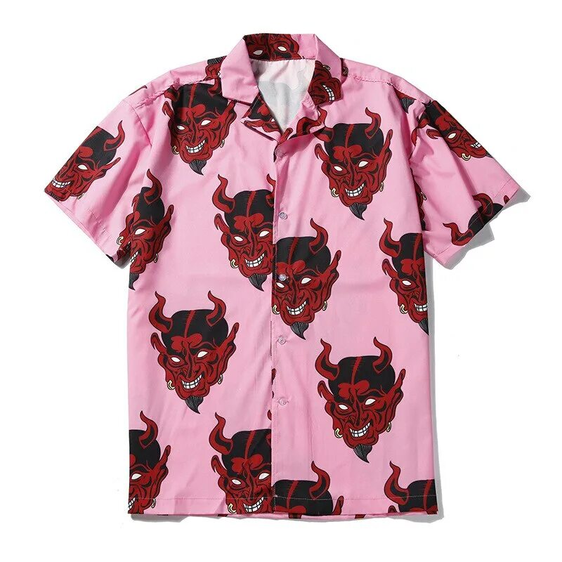 Рубашка с принтом купить. Harajuku Devil Print рубашка. Harajuku Devil Print рубашка мужская. Рубашка с дьяволом розовая валберис. Devil Hawaiian Shirt принт.