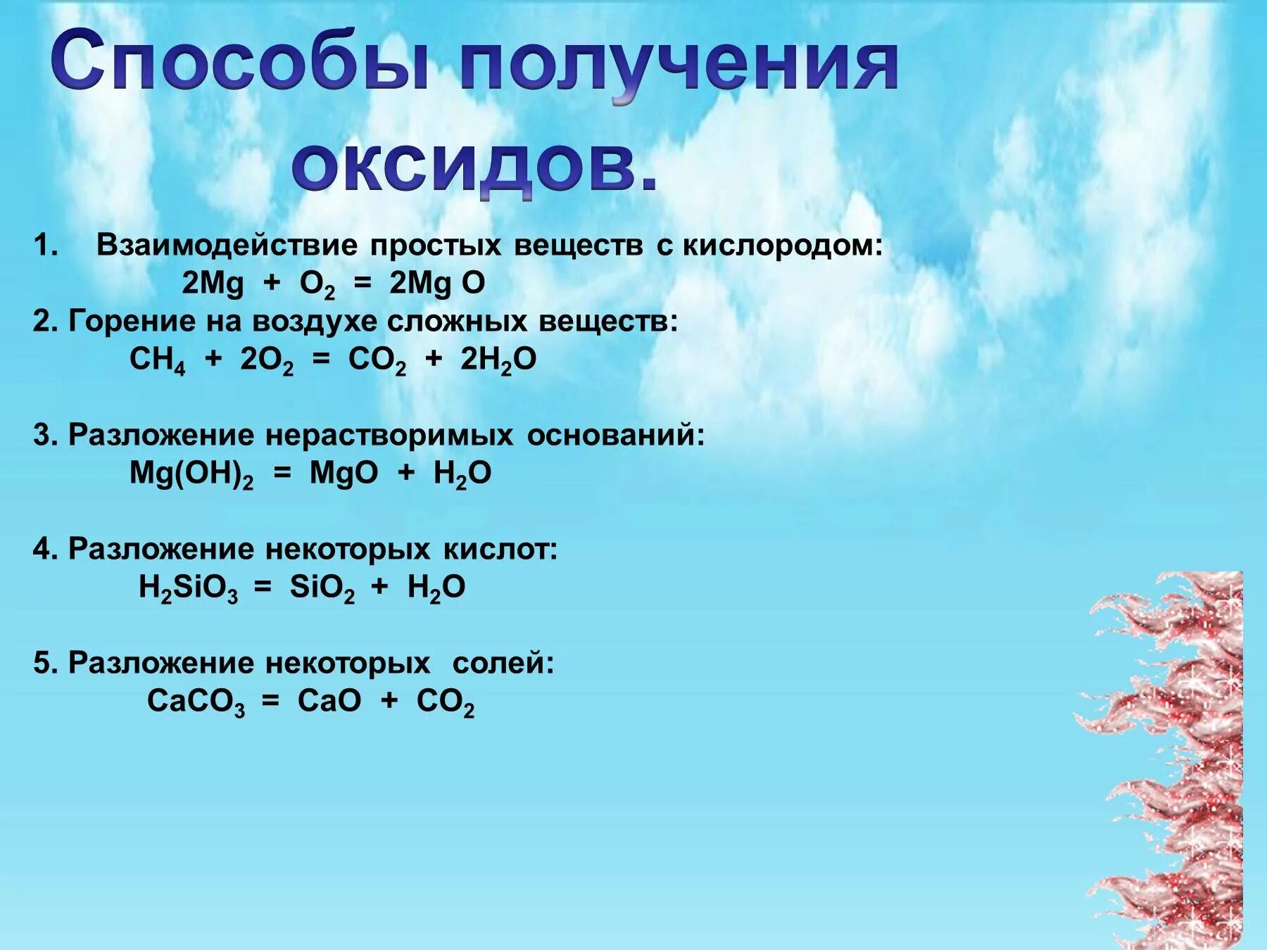 Методы получения оксидов. Взаимодействие простых веществ с кислородом. Взаимодействие оксидов с простыми веществами. Взаимодействие простых и сложных веществ с кислородом.