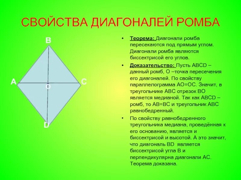 Диагонали квадрата являются биссектрисами его углов. Диагонали ромба. Свойства диагоналей ромба. Свойства диагоналей РО. Свойства диагоналей Ром.