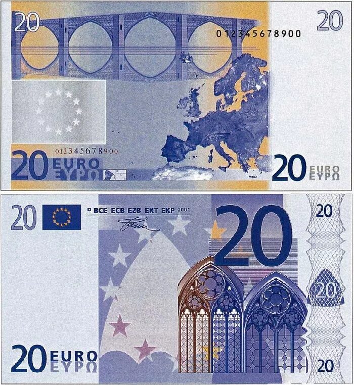Банкноты евро 20 евро. 20 Евро с двух сторон. Купюры евро с двух сторон. 20 Евро как выглядит купюра. Образцы евро купюр