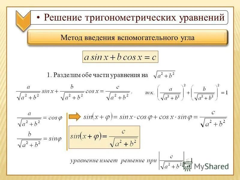 Алгоритм решения тригонометрических. Формула вспомогательного угла. Формула введения вспомогательного угла. Метод введения вспомогательного угла. Решение уравнений методом введения вспомогательного угла.