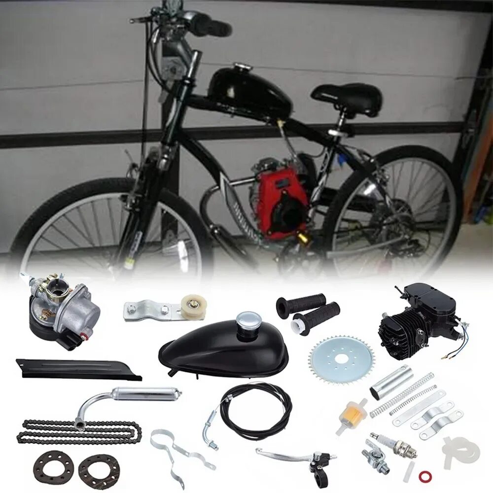 Комплект мотор для велосипеда. Бензиновый двигатель для велосипеда. Мотор для велосипеда бензиновый комплект. Велосипед с мотором бензиновый.