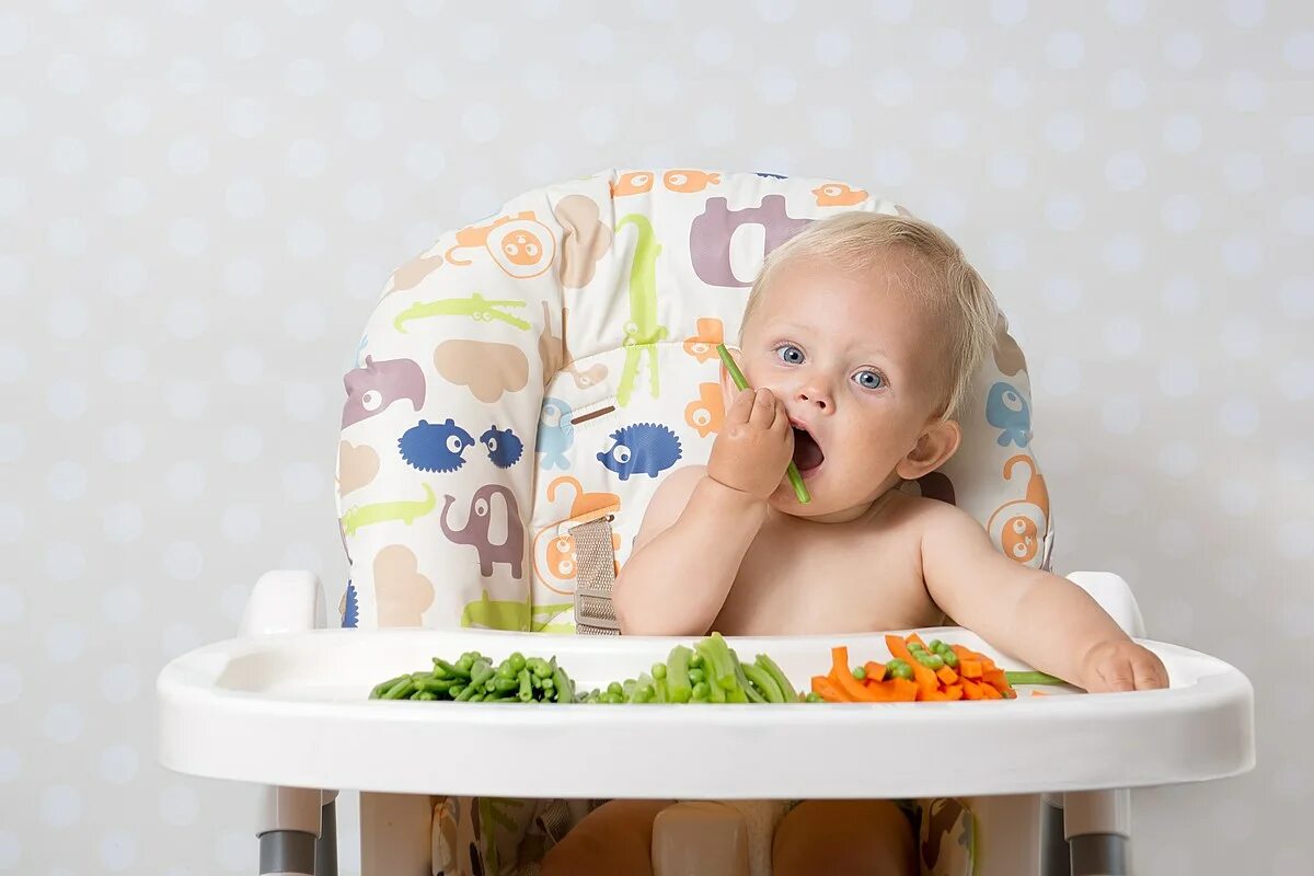 1 ребенок есть. Малыш за столом. BLW прикорм. Малыш сидит на стульчике. Маленький ребенок с едой.