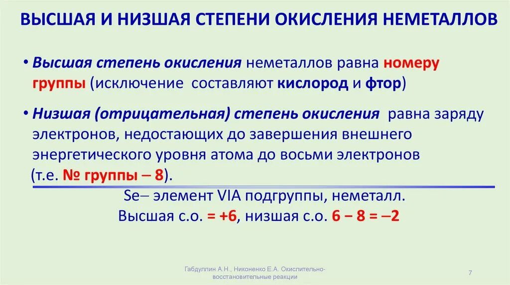 Низшие степени окисления элементов