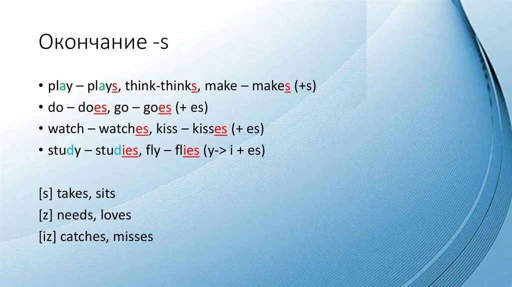 Правило с окончанием s es IES. Study с окончанием s. Правила прибавления окончания s в present simple. IES окончание в английском.