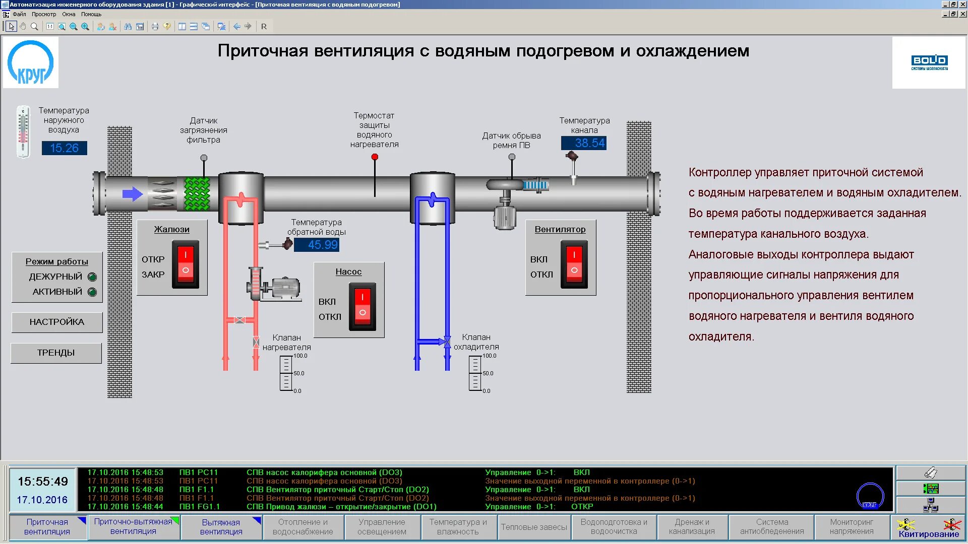 Режим работы автоматики. Мнемосхема приточно-вытяжной вентиляции. Автоматизация приточно-вытяжной вентиляции. SCADA система приточной вентиляции. Контроллер приточно-вытяжной вентиляции.