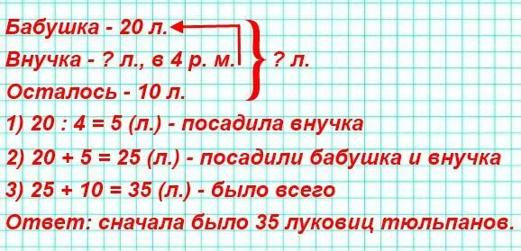 Математика с 12 номер 1. Задача бабушка посадила 20 луковиц. Бабушка посадила 20 луковиц тюльпанов а внучка. Бабушка посадила 10 луковиц тюльпанов а внучка в 4 раза. Бабушка посадила 20 луковиц тюльпанов а внучка в 4 раза меньше.