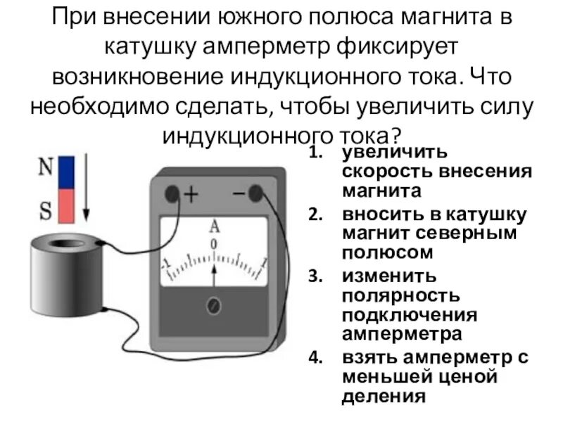 Амперметр с катушкой индуктивности. Внесение в катушку Северного полюса магнита. При внесении Южного полюса магнита в катушку амперметр. Магнитная индукция при внесении постоянного магнита в катушку. Внесение магнита в катушку южным полюсом.