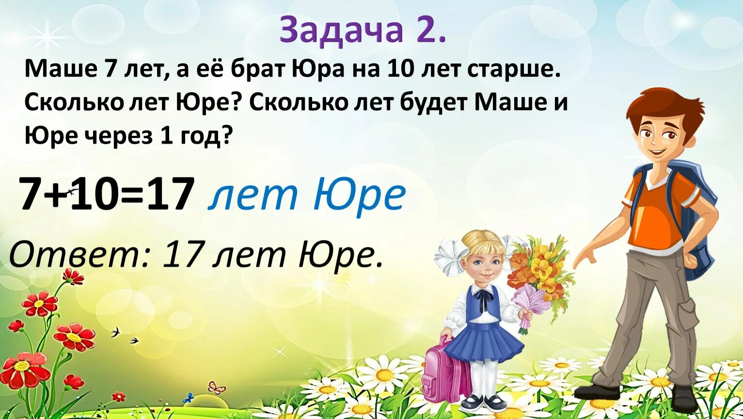 Сколько было лет десять. Маше 7 лет а ее брат на 10. Маше было 7 лет а ее брат Юра на 10 лет старше. Маше 7 лет а ее брат Юра на 10 лет старше сколько лет Юре. Задачи в картинках маше 7 лет, а Юра на 10 лет старше.