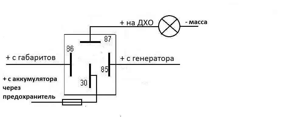 Схема подключения ходовых огней через Генератор. Схема подключения ДХО Калина 1. Ходовые огни через реле на ВАЗ 2114.