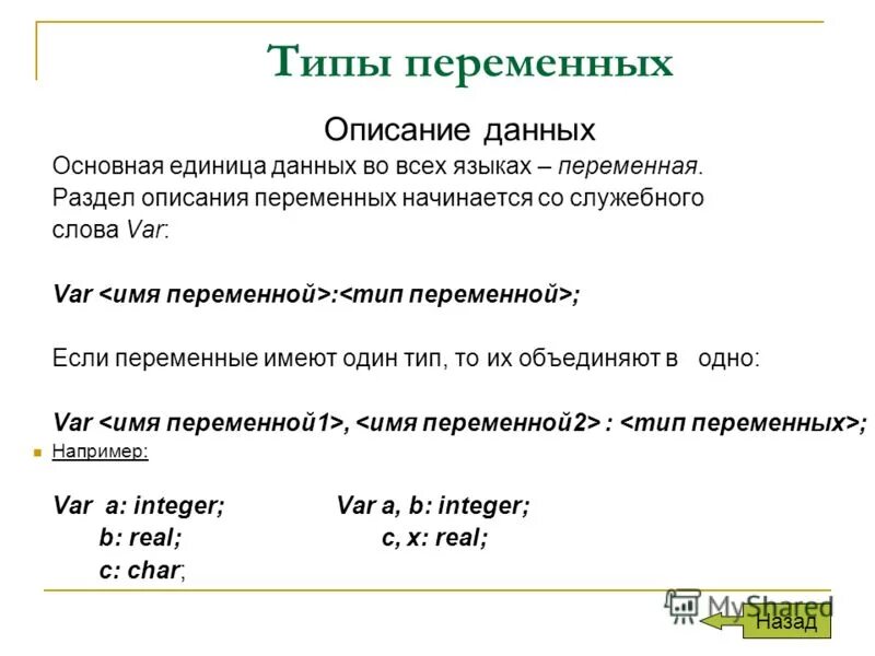 Любая переменная имеет. Раздел описания переменных начинается со слова. Раздел описания переменных. Данных описание переменных. Раздел описания переменных начинается со служебного слова.