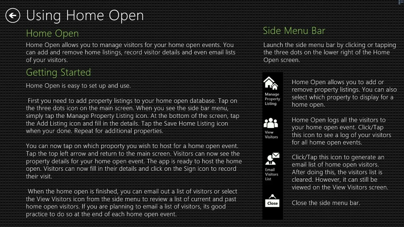 Add listing home. Визитор лист. list home. launch menu. side menu.