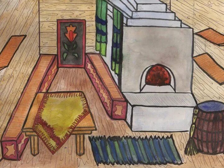 Крестьянская изба изнутри рисунок