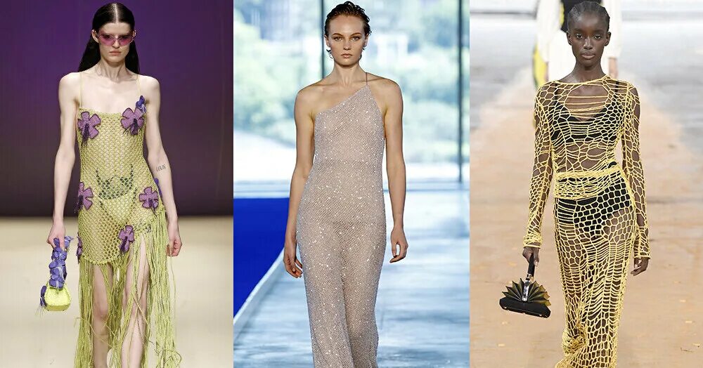 Платье сетка тренд 2022. Модные платья с сеткой. Платье сетка 2023. Прозрачное сетчатое платье. Вязаные платья с подиума.