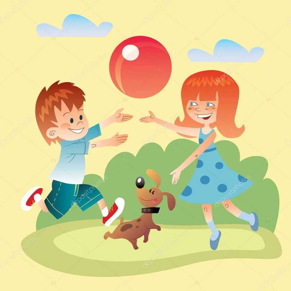 Мальчик и девочка играют в мяч. Дети играют в мяч. Мальчик и девочка с мячиком. Иллюстрация дети играют в мячик.