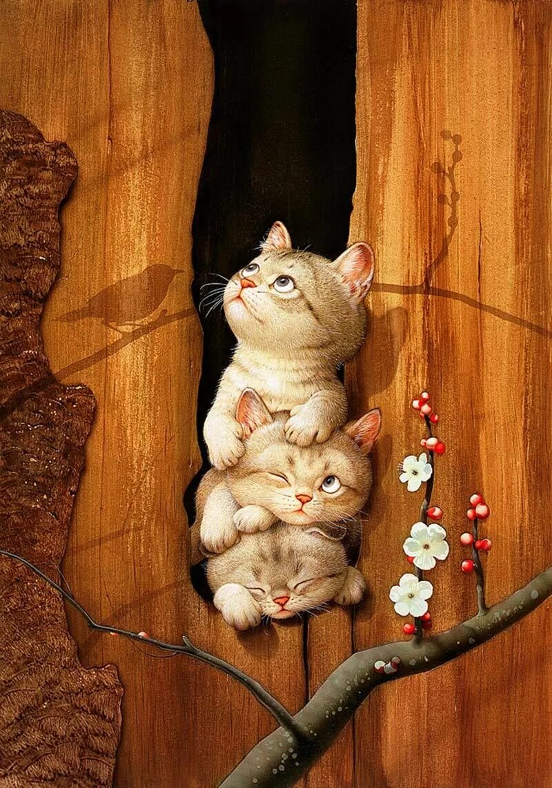 Доброе весеннее утро с котятами. Японский художник Макото Мурамацу. Коты Макото Мурамацу. Картины японского художника Макото Мурамацу. Макото Мурамацу картины кошки.