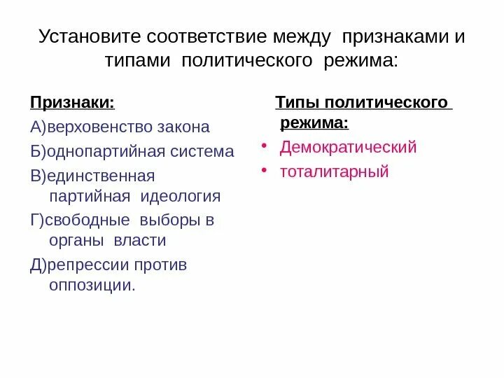 Верховенства демократии. Установите соответствие между признаками и типами. Установите соответствие между типами политических режимов. Соответствие между признаками и видами политических режимов. Установите соответствие между признаками и видами Полит режимов.