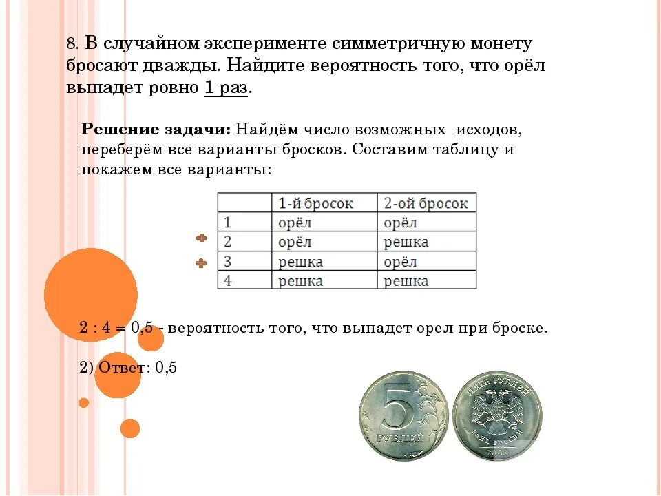 Монету бросают дважды Найдите вероятность того что выпадет орёл. В случайном эксперименте симметричную монету бросают дважды. В случайном эксперименте симметричную монету бросают два раза. Симметричная монета.