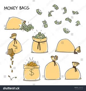 Money bags set. falling money and falling coins. 