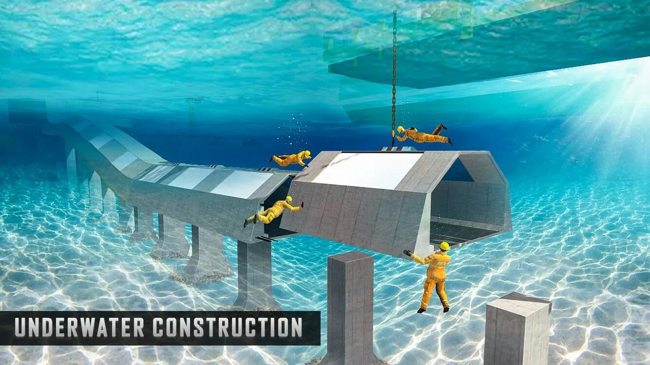 Bridge construction portal на андроид. Construction Machines for Underwater work. View of little Bridge under Water.