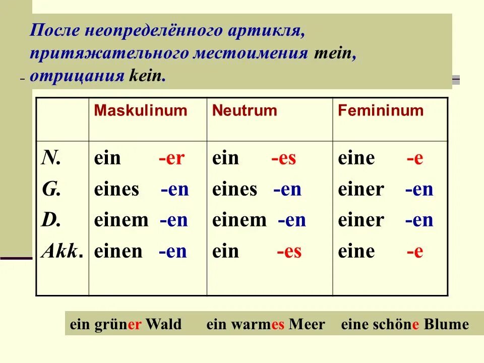 Артикли по падежам. Таблица склонение прилагательных после неопределенного артикля. Склонение артикля ein в немецком языке. Склонение неопределенного артикля в немецком языке. Окончания прилагательных немецкий язык 7 класс.