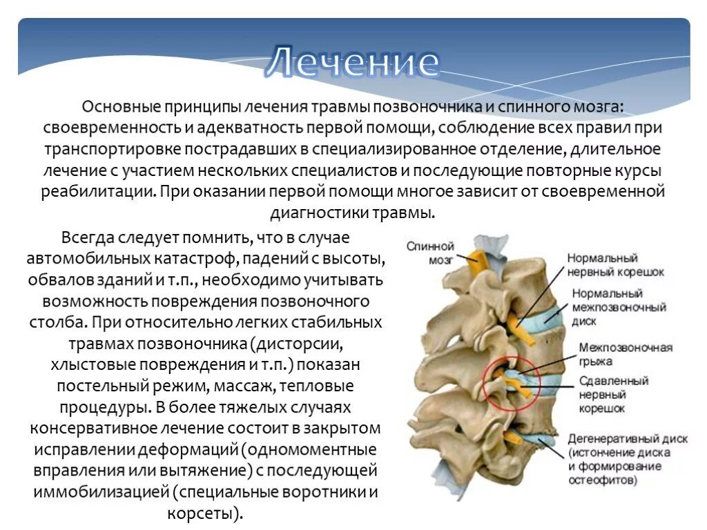 Сотрясение позвоночника. Принципы лечения повреждений позвоночника. Принципы лечения осложненных повреждений позвоночника. Переломы позвонков осложненные повреждением спинного мозга. Травма позвоночника с повреждением спинного мозга.