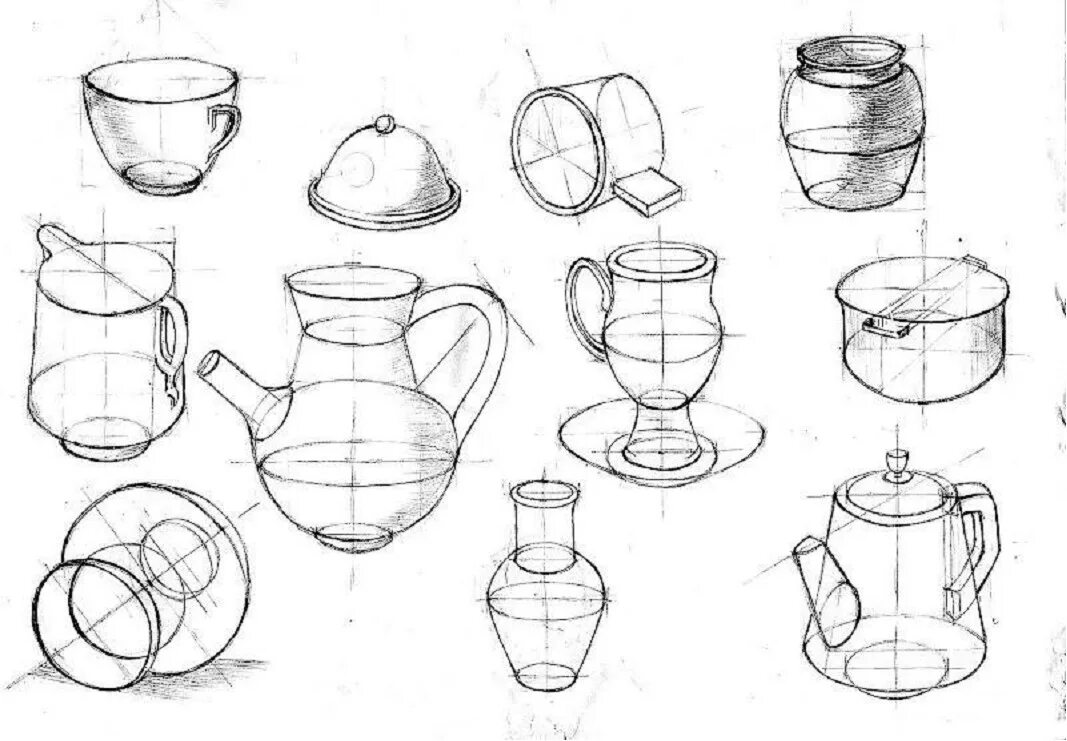 Линейно конструктивное построение предметов. Построение бытовых предметов. Зарисовки бытовых предметов. Наброски бытовых предметов.