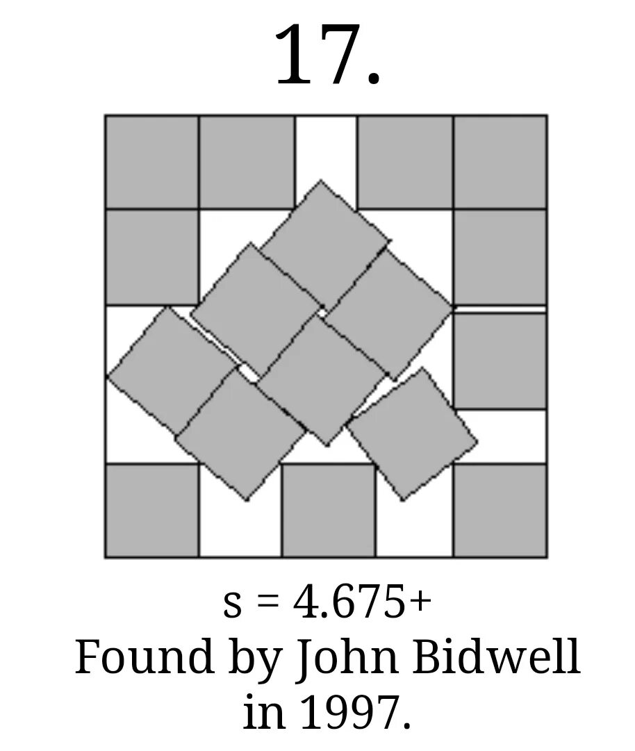 Square into squares. Optimal packing of 17 squares. equal squares. equalside triagle inside square.