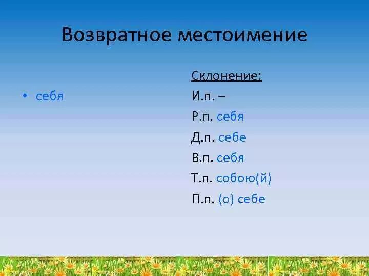 Формы какого падежа нет у возвратного местоимения. Склонение местоимения себя. Возвратное местоимение себя. Склонение возвратных местоимений. Падежи возвратного местоимения себя.