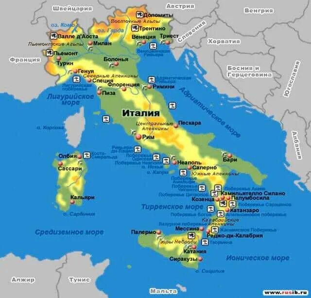 Географическое положение Италии на карте. Острова Италии на карте. Карта побережья Италии.