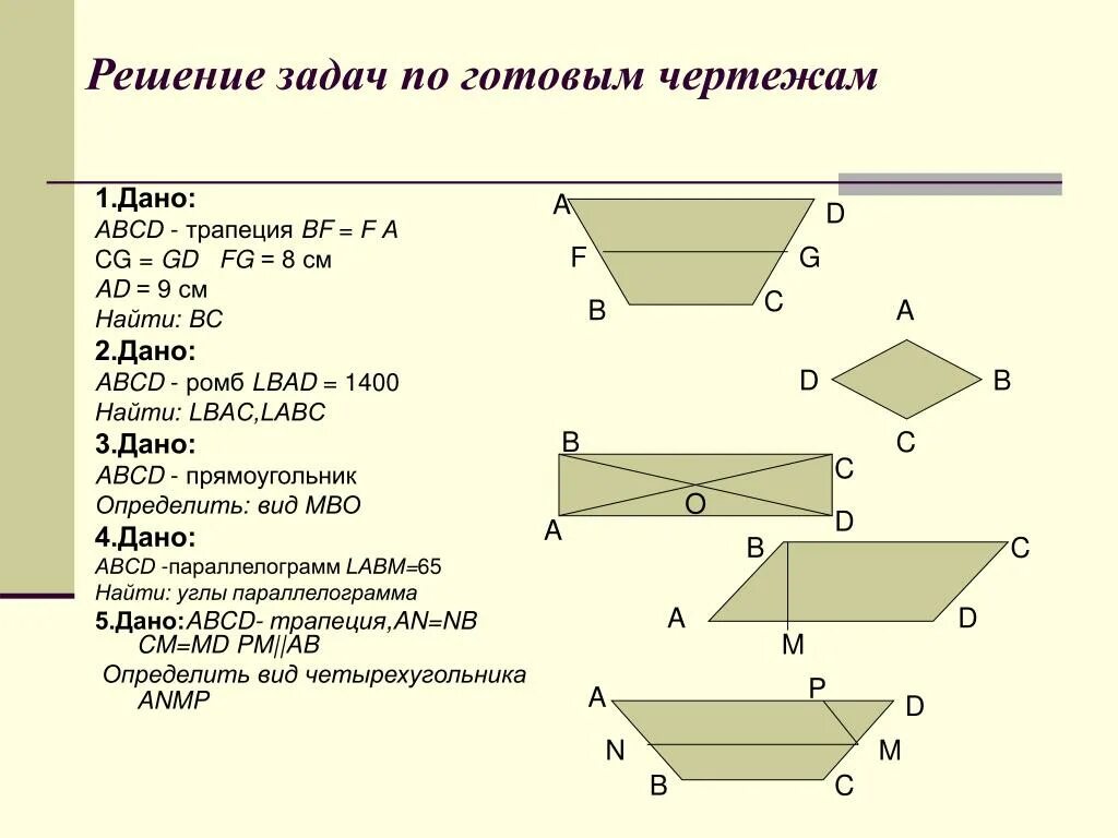 Задачи по готовым чертежам параллелограмм 8 класс. Задачи на периметр параллелограмма. Задачи на параллелограмм и трапецию. Четырехугольники задачи по готовым чертежам.