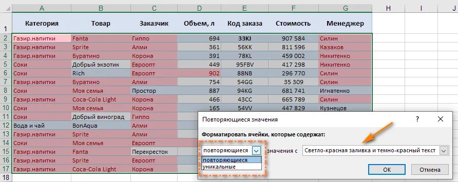 Как в экселе выделить повторяющиеся. Как подсветить дубликаты в эксель. как в эксель подсветить повторяющиеся значения. как выделить повторяющиеся значения в excel разными цветами. выпадающий список из таблицы с повторяющимися значениями.