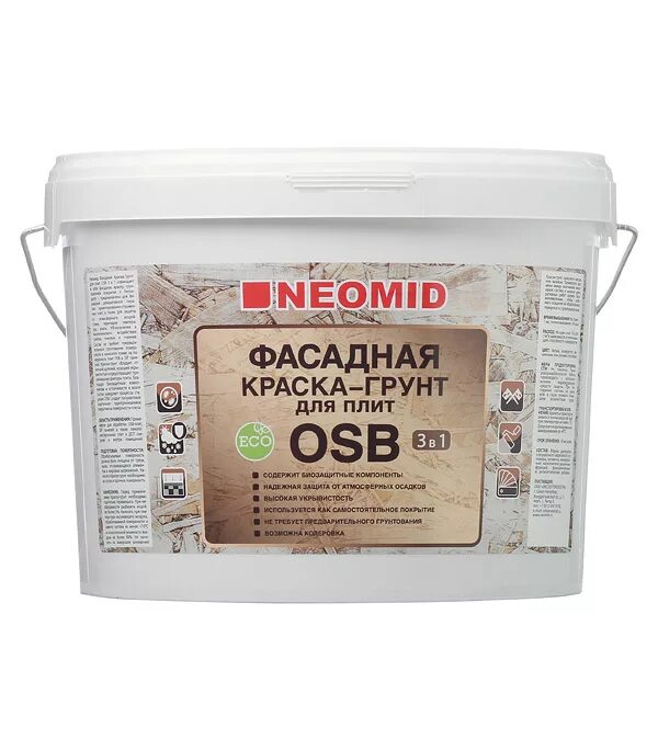 Фасадная краска osb. Краска-грунт neomid для osb, фасадная, 14 кг. грунт для плит osb neomid - 14. краска для плит osb neomid белая 1 кг. грунт neomid osb для плит 14кг.