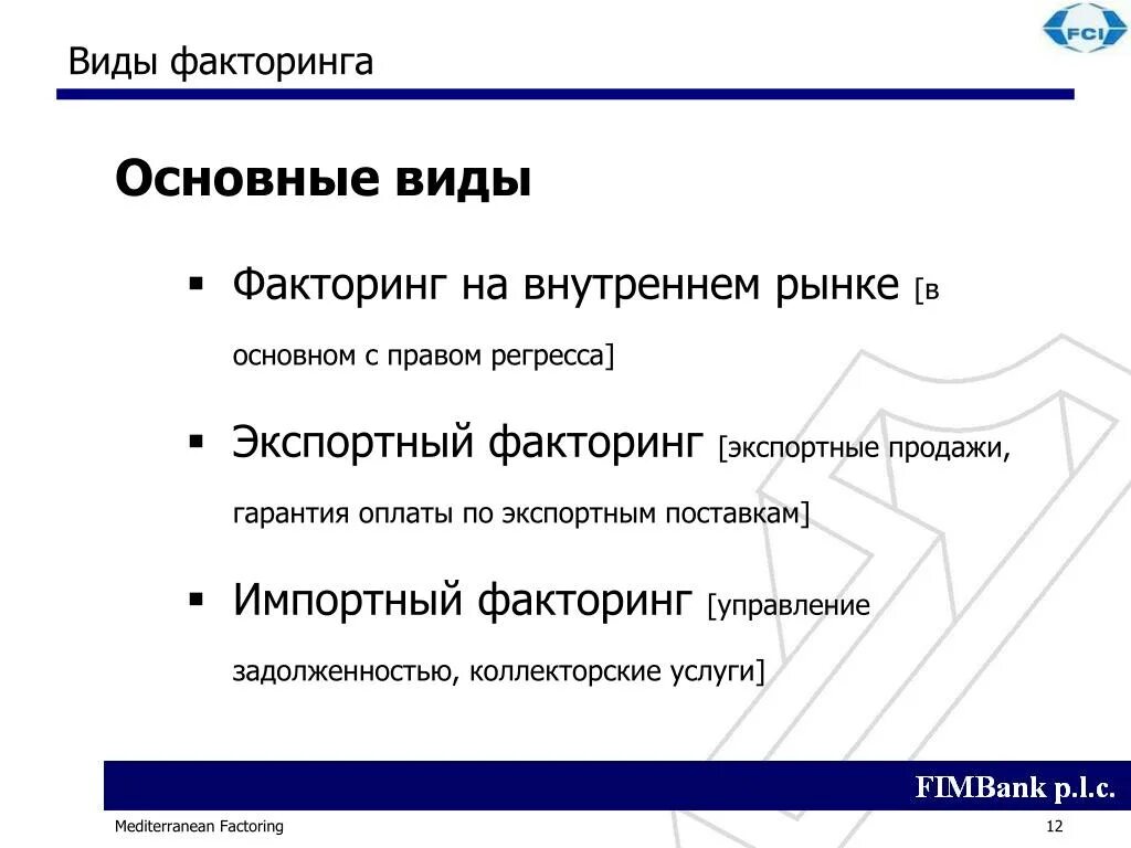 Регресс платежа. Виды договора факторинга. Тип договора факторинга. Основные элементы факторинга. Схема факторинга.