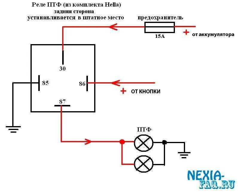 Схема подключения реле противотуманных фар. Схема подключения реле противотуманок. Как подключить кнопку противотуманок через реле. Реле противотуманных фар подключение и кнопку схема. Контакт птф